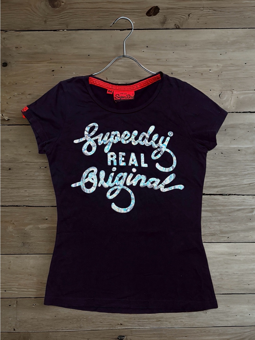 Women’s Vintage Superdry Black Tee with Iridescent 'Real Original' Script